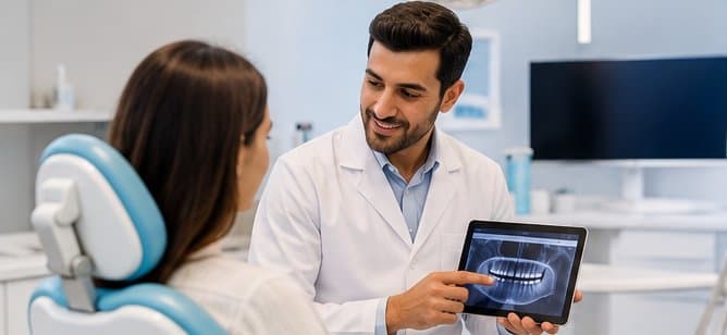 Dentiste utilisant MyDentistPro avec un patient